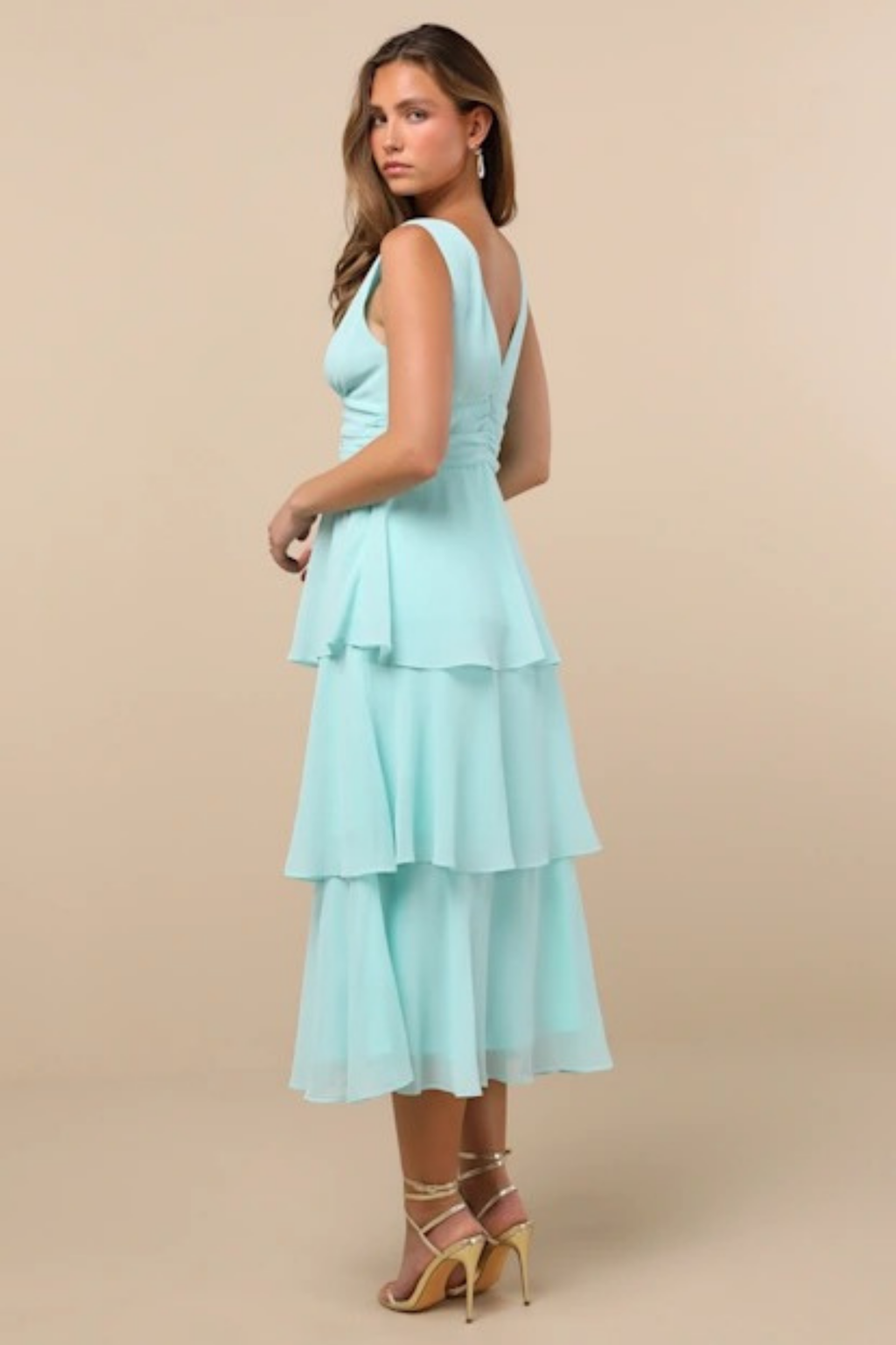 Tiered Midi Cocktail Dress Deep V Neck Flowy Elegant Summer Style