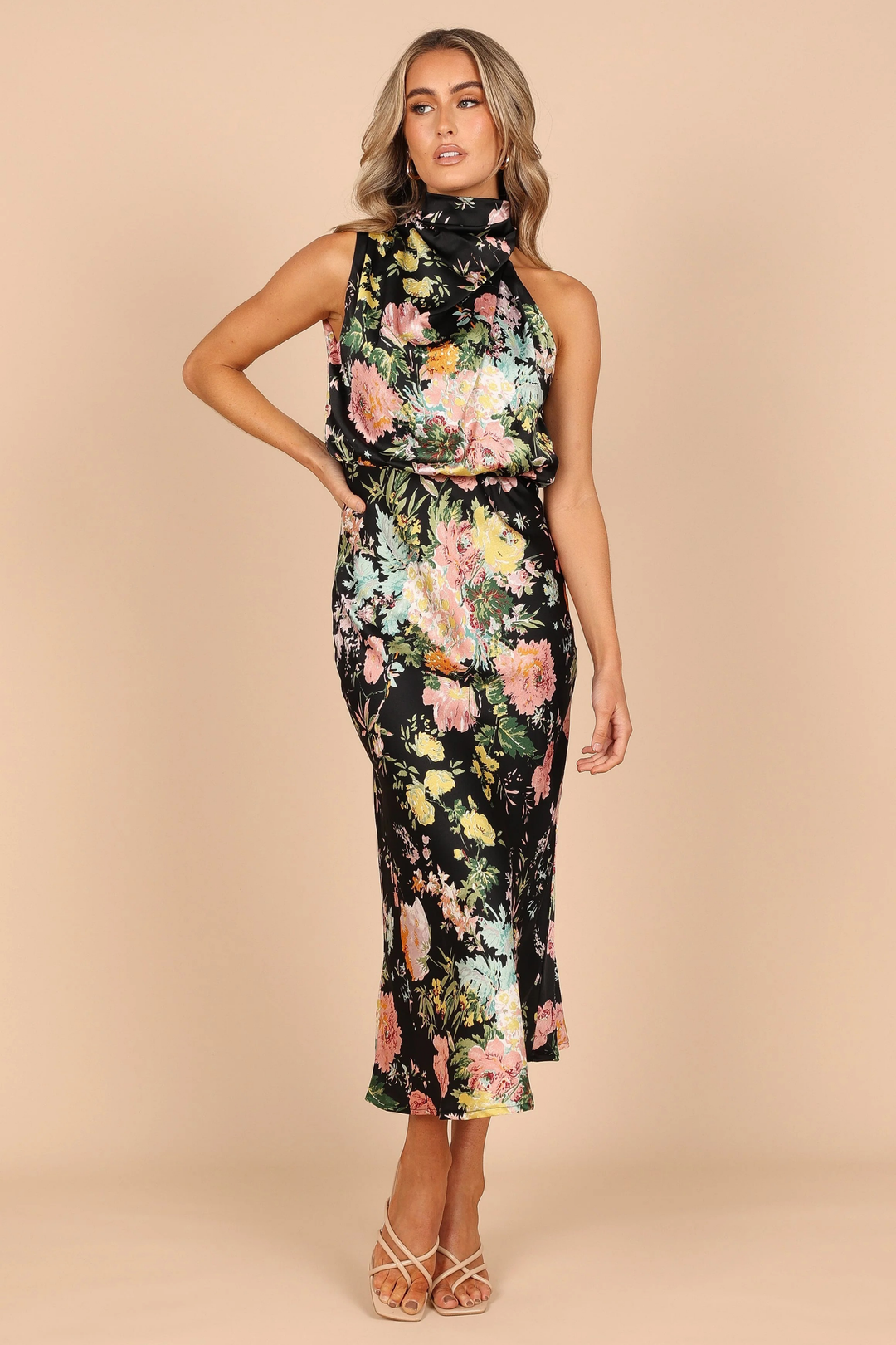 Elegant Midi Dress Halter Neck Satin Minimal Chic Cocktail Look
