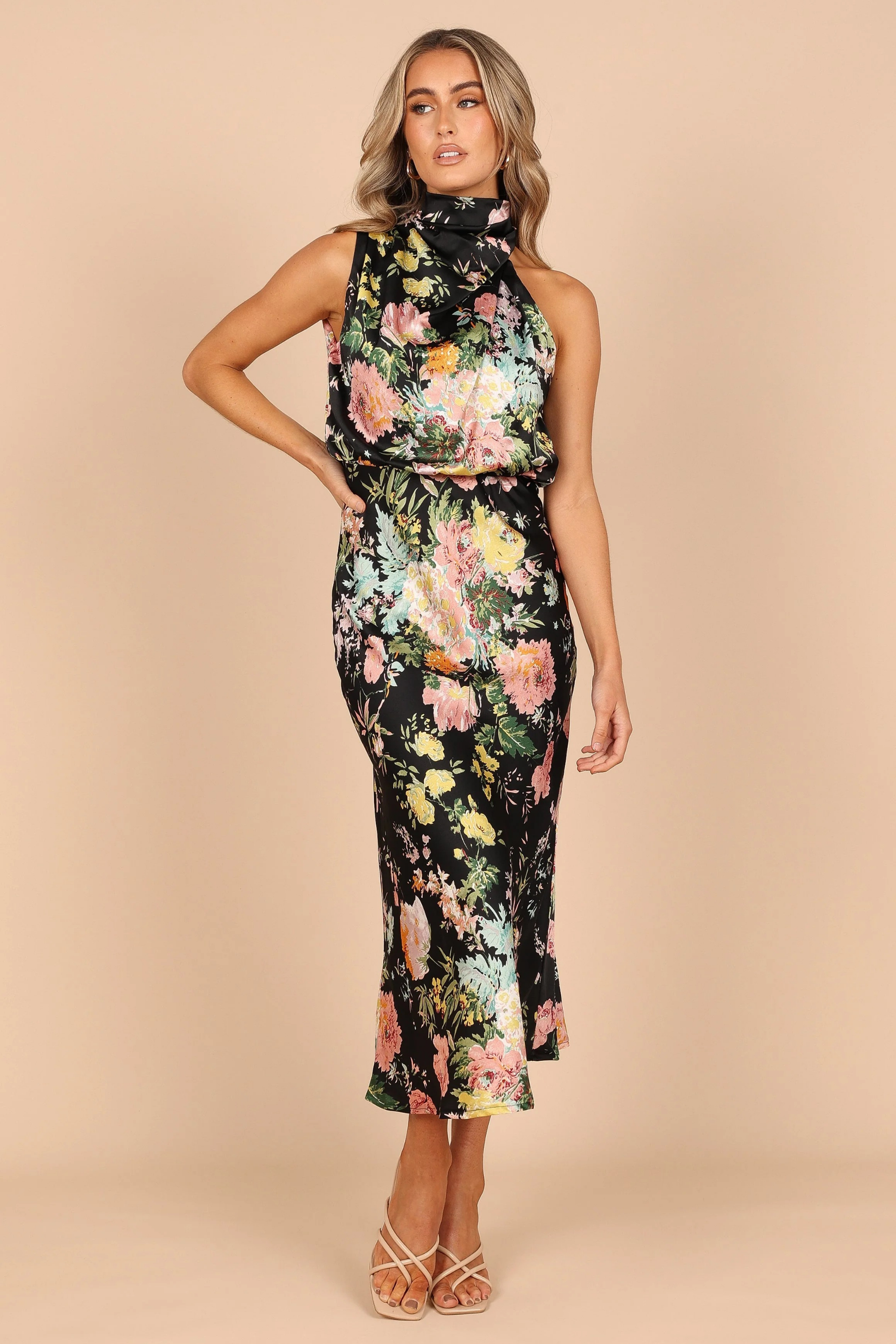 Elegant Midi Dress Halter Neck Satin Minimal Chic Cocktail Look