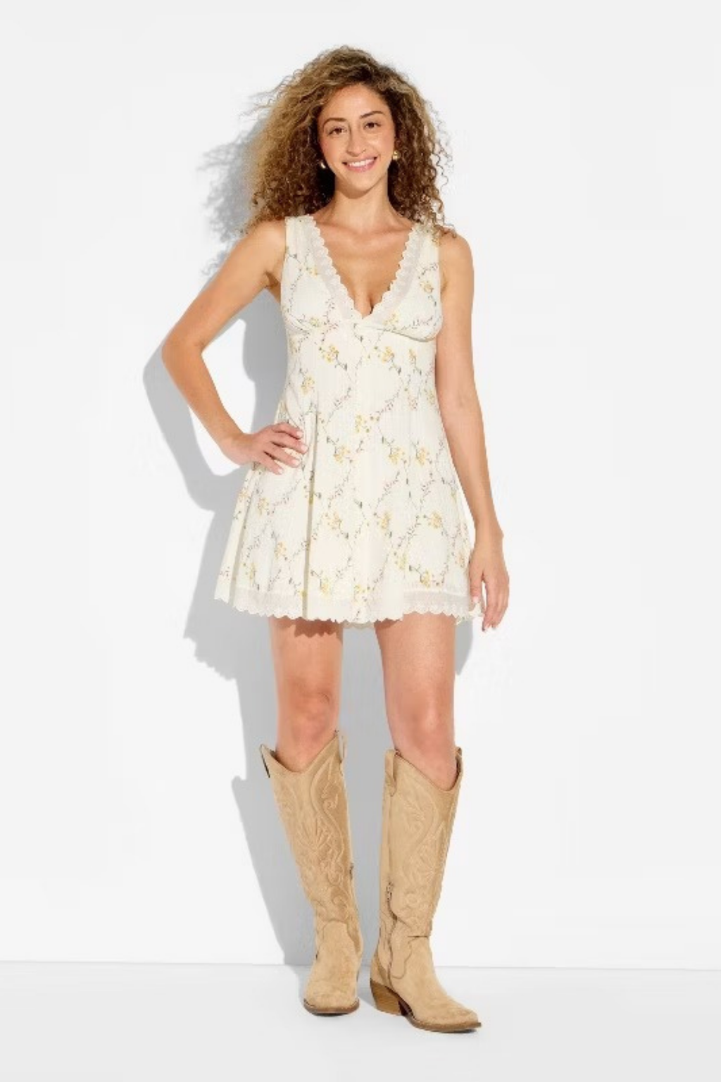 Empire Waist Mini Dress Lace Trim Style
