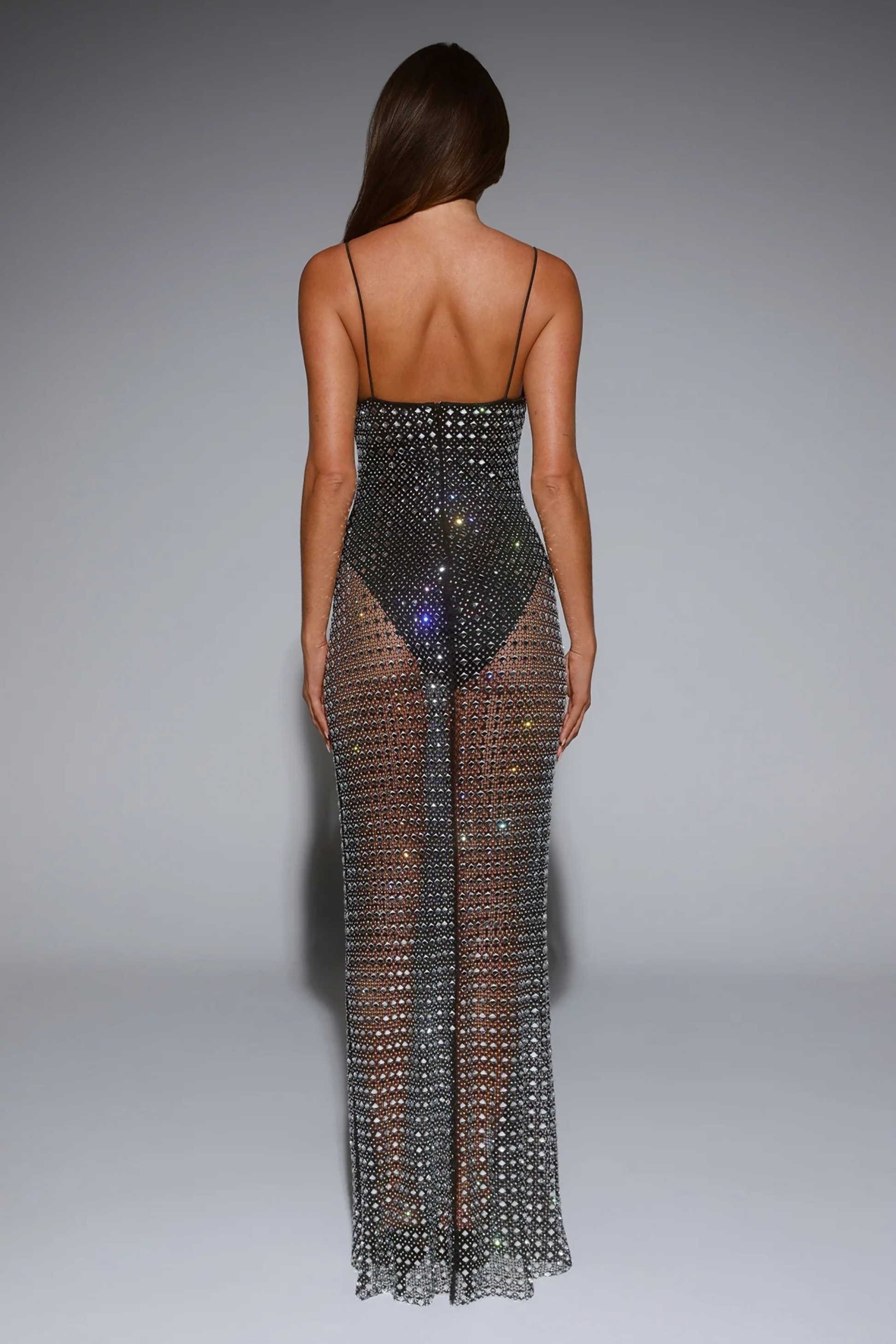 Rhinestone Maxi Dress Sheer Bodycon Party Glam Style