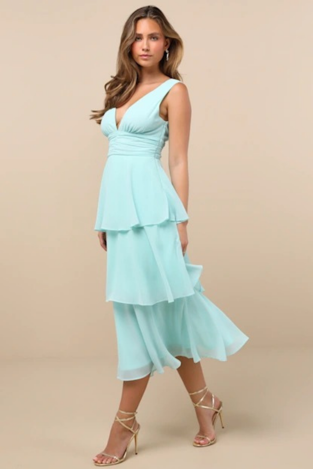 Tiered Midi Cocktail Dress Deep V Neck Flowy Elegant Summer Style