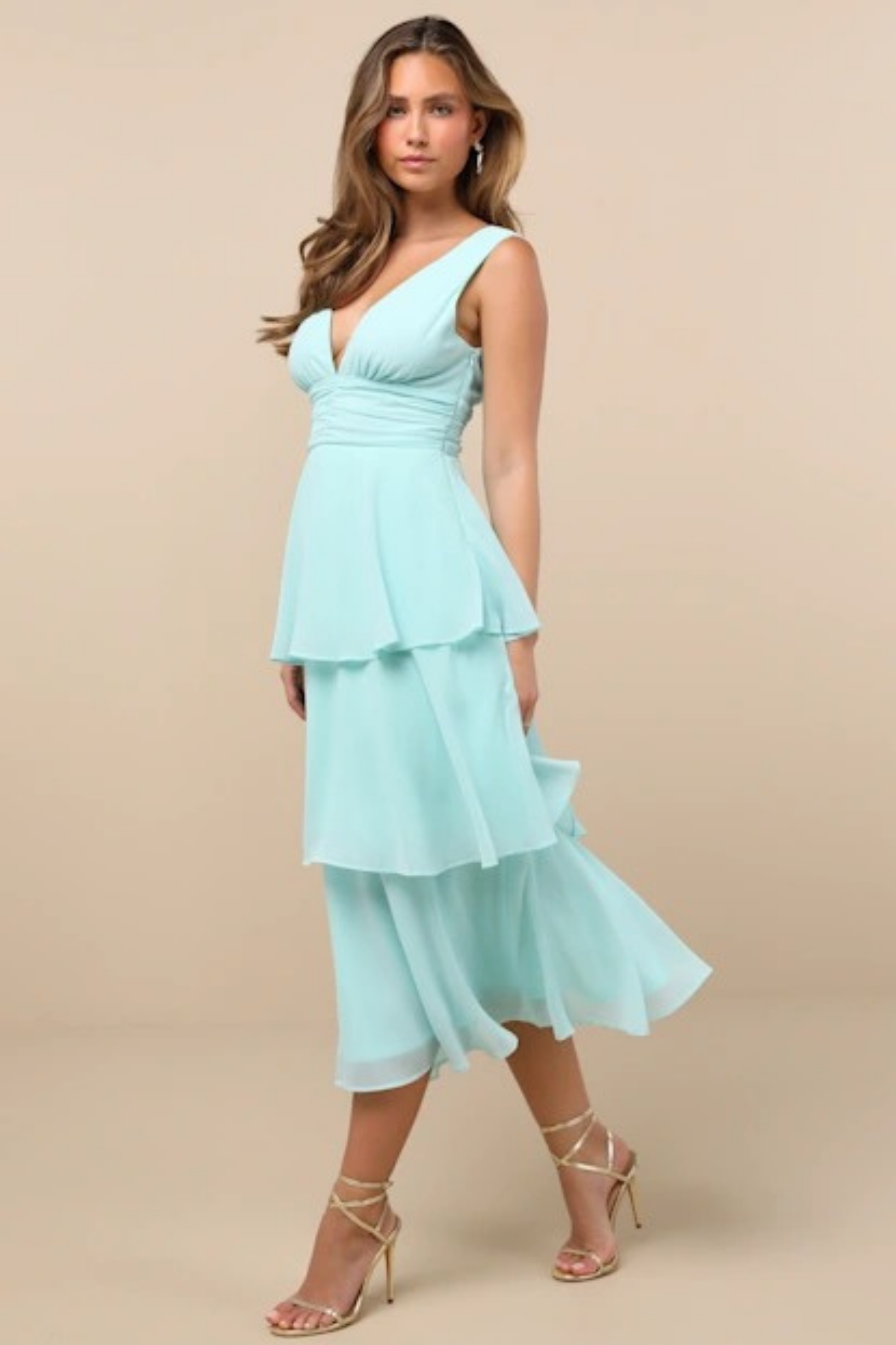 Tiered Midi Cocktail Dress Deep V Neck Flowy Elegant Summer Style