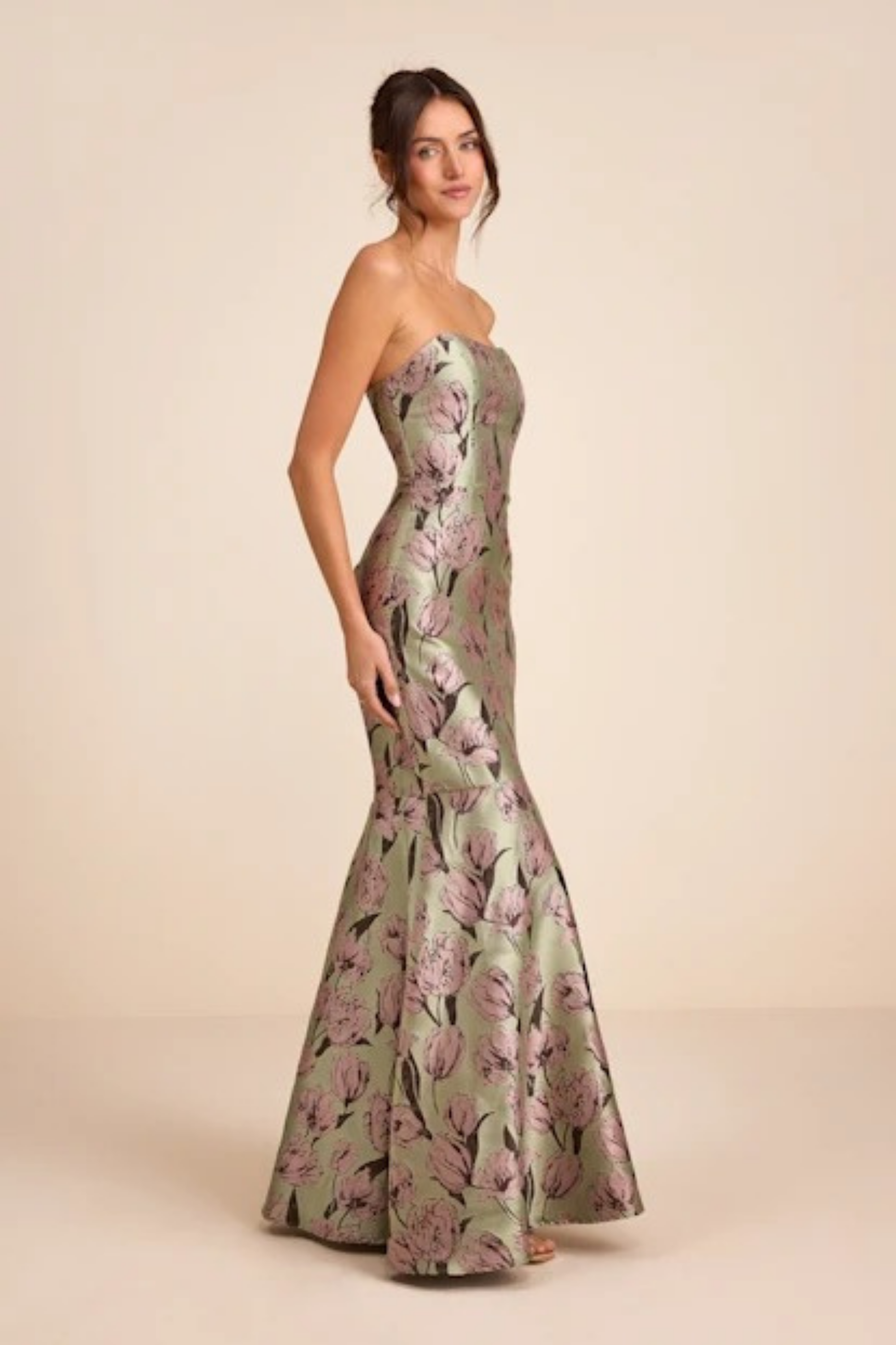 Strapless Floral Maxi Wedding Guest Dress Mermaid Fit Elegant Style